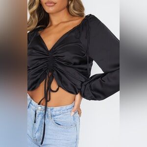 Black Ruched Satin Tie Front Long Sleeve Blouse